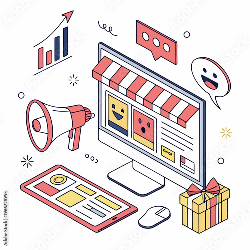 Digital Marketing banner. Landing page or website layout with computer, emoji, charts and diagrams. E commerce and online advertising. Internet promotion. 3D vector illustration in plasticine .