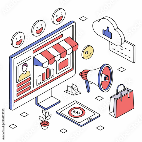 Digital Marketing banner. Landing page or website layout with computer, emoji, charts and diagrams. E commerce and online advertising. Internet promotion. 3D vector illustration in plasticine .