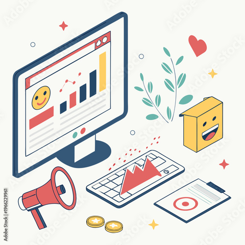 Digital Marketing banner. Landing page or website layout with computer, emoji, charts and diagrams. E commerce and online advertising. Internet promotion. 3D vector illustration in plasticine .