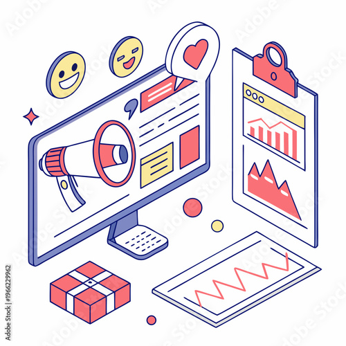 Digital Marketing banner. Landing page or website layout with computer, emoji, charts and diagrams. E commerce and online advertising. Internet promotion. 3D vector illustration in plasticine .