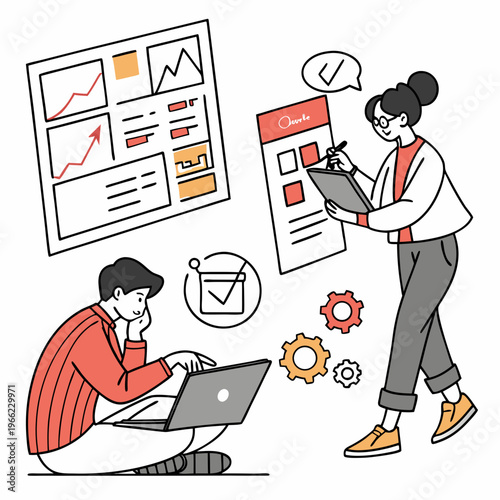 Set of web designers. Graphic designers come up with creative idea, develop app or website, and launch project. SEO, UX and UI. Cartoon vector illustration collection isolated on .