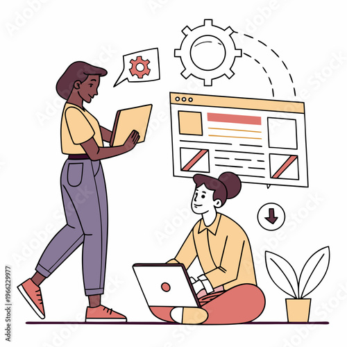 Set of web designers. Graphic designers come up with creative idea, develop app or website, and launch project. SEO, UX and UI. Cartoon vector illustration collection isolated on .