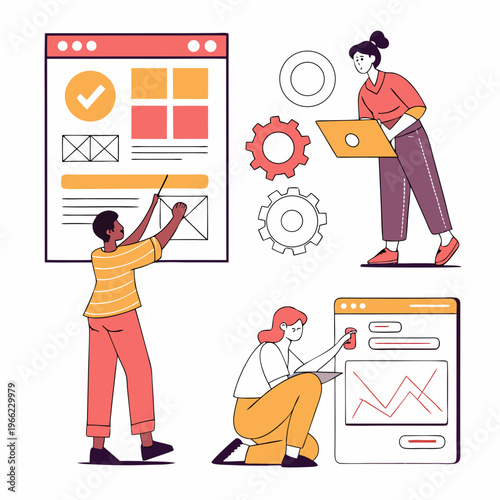 Set of web designers. Graphic designers come up with creative idea, develop app or website, and launch project. SEO, UX and UI. Cartoon vector illustration collection isolated on .