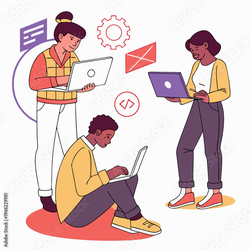 Set of web designers. Graphic designers come up with creative idea, develop app or website, and launch project. SEO, UX and UI. Cartoon vector illustration collection isolated on .