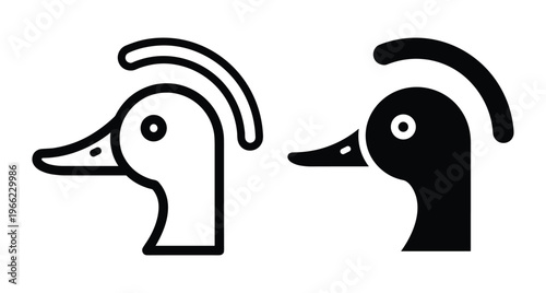 Duck head icon set featuring minimalist outline and solid black silhouette designs for wildlife branding nature logos and animal symbols