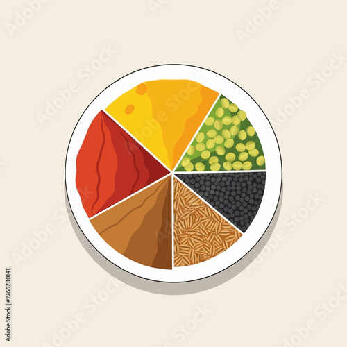 Colorful Spices and Grains Arranged in a Circular Pattern.