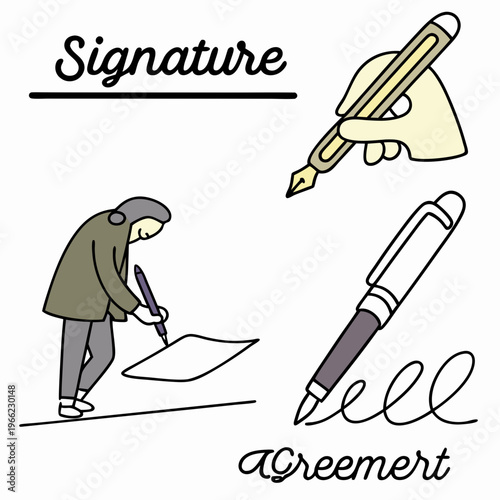 Signatures set. Handwriting signature for e documents and agreements. Calligraphic autograph or personal written sign. Hand drawn outline vector illustration collection isolated on .