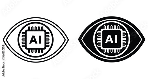 Artificial intelligence vision icon set featuring human eye with computer processor chip representing machine learning and digital recognition technology