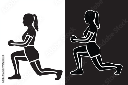 Silhouette of a woman performing a lunge exercise in black and white