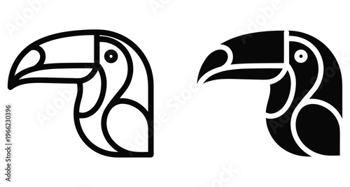 Toucan bird head icon set featuring minimalist line art and solid black silhouette designs for tropical wildlife branding and nature logos