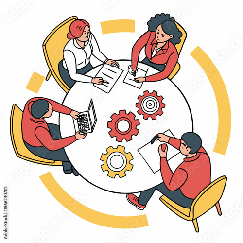 Business Planning. Poster with office workers or entrepreneurs sitting at round table and discussing project at business conference or meeting. Developing Success Strategy. Flat vector .