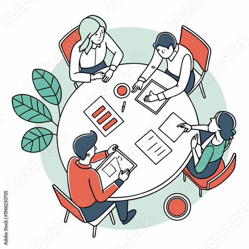 Business Planning. Poster with office workers or entrepreneurs sitting at round table and discussing project at business conference or meeting. Developing Success Strategy. Flat vector .