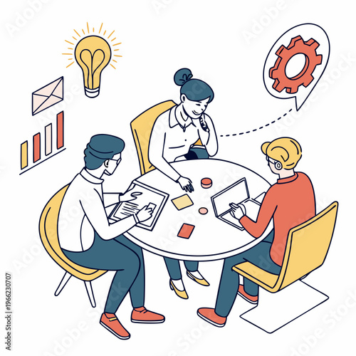 Business Planning. Poster with office workers or entrepreneurs sitting at round table and discussing project at business conference or meeting. Developing Success Strategy. Flat vector .