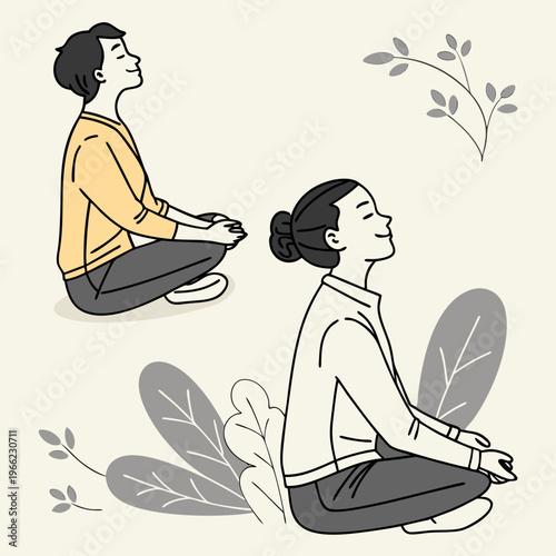 Deep breath and mindfulness. Man and woman sit in lotus position, meditate and take care of mental health. Calm and relaxed characters. Psychological stability. Flat vector illustration .
