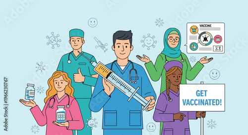 Medical staff promote World Immunization Week with syringe and vaccine
