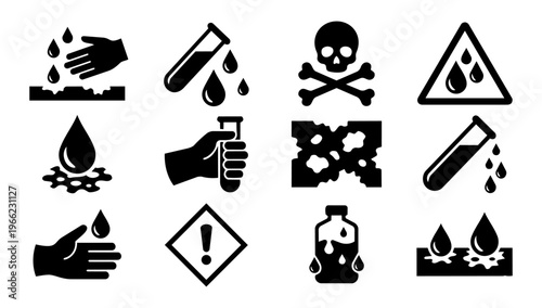 Chemical Hazard and Toxic Substance Silhouette Icon Set – Warning, Poison, Liquid Spill, Laboratory and Safety Icons
