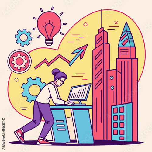 AI Strategy for Digital Marketing. Entrepreneur uses modern technologies, artificial intelligence and neural networks for business development and growth. Cartoon neon vector .