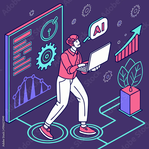 AI Strategy for Digital Marketing. Entrepreneur uses modern technologies, artificial intelligence and neural networks for business development and growth. Cartoon neon vector .
