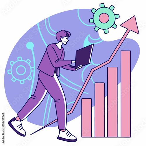 AI Strategy for Digital Marketing. Entrepreneur uses modern technologies, artificial intelligence and neural networks for business development and growth. Cartoon neon vector .