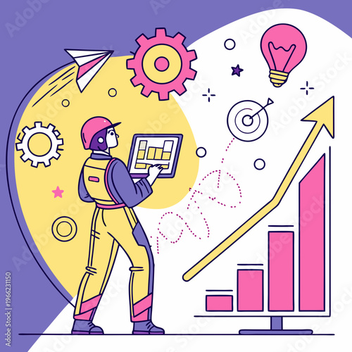 AI Strategy for Digital Marketing. Entrepreneur uses modern technologies, artificial intelligence and neural networks for business development and growth. Cartoon neon vector .