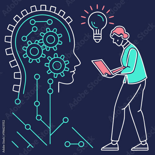 AI Strategy for Digital Marketing. Entrepreneur uses modern technologies, artificial intelligence and neural networks for business development and growth. Cartoon neon vector .