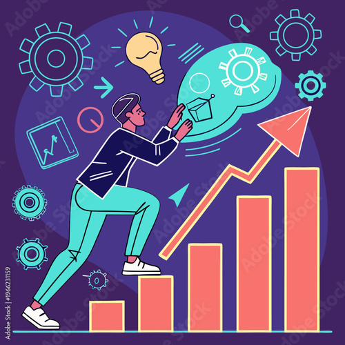 AI Strategy for Digital Marketing. Entrepreneur uses modern technologies, artificial intelligence and neural networks for business development and growth. Cartoon neon vector .