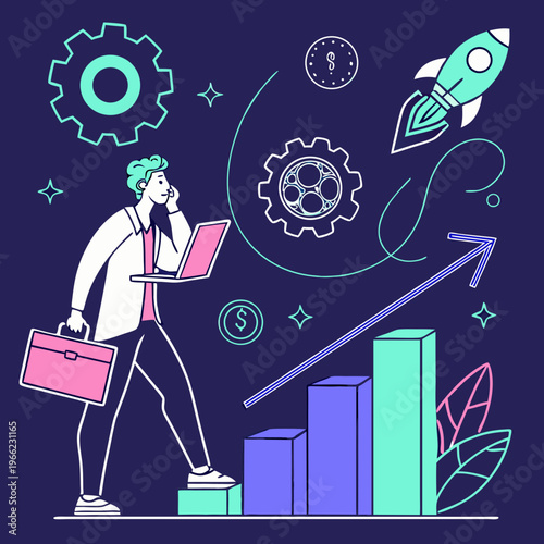 AI Strategy for Digital Marketing. Entrepreneur uses modern technologies, artificial intelligence and neural networks for business development and growth. Cartoon neon vector .