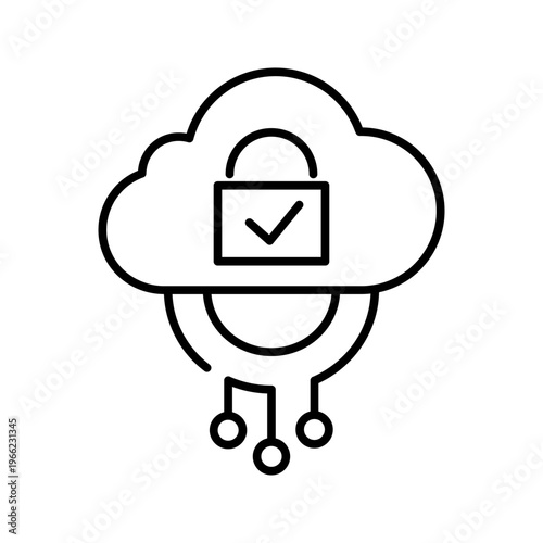 Cloud security icon. Technology and cloud security line symbol. Black and white.