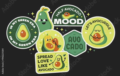 Retro avocado sticker set with cute cartoon characters, vintage green era badges with funny puns and quotes, 7 vector elements for healthy lifestyle branding and social media content