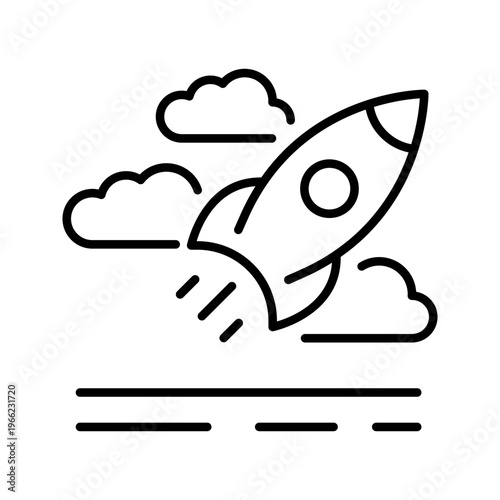 Rocket launch icon. Science and spaceflight line symbol. Black and white.