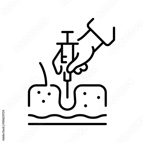 Skin injection icon. Healthcare and injection line symbol. Black and white.
