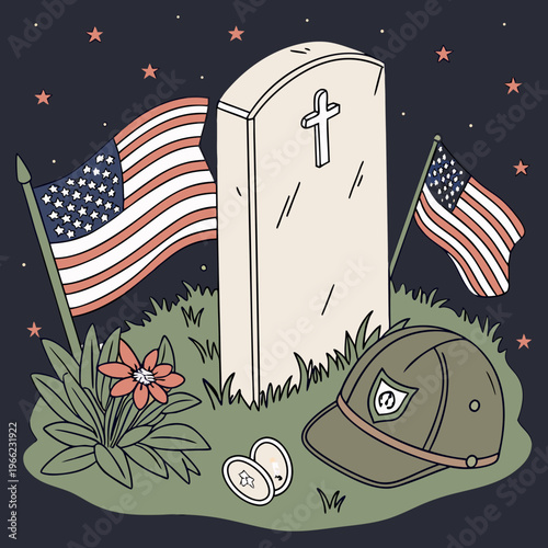 Memorial Day tribute featuring gravestone, American flags, flowers, military cap and dog tags in flat graphic style on dark starry background. Concept .