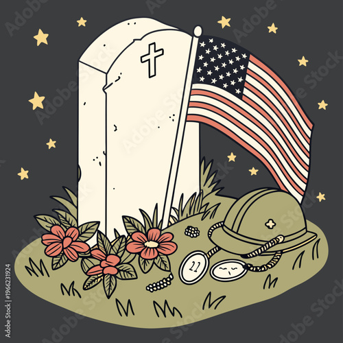 Memorial Day tribute featuring gravestone, American flags, flowers, military cap and dog tags in flat graphic style on dark starry background. Concept .