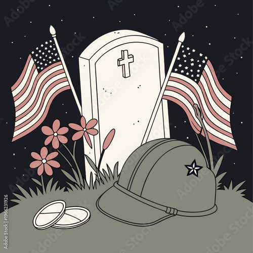 Memorial Day tribute featuring gravestone, American flags, flowers, military cap and dog tags in flat graphic style on dark starry background. Concept .