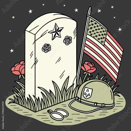 Memorial Day tribute featuring gravestone, American flags, flowers, military cap and dog tags in flat graphic style on dark starry background. Concept .