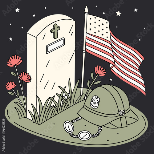 Memorial Day tribute featuring gravestone, American flags, flowers, military cap and dog tags in flat graphic style on dark starry background. Concept .