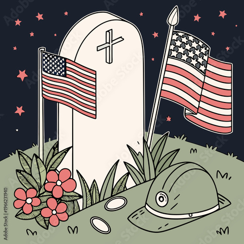 Memorial Day tribute featuring gravestone, American flags, flowers, military cap and dog tags in flat graphic style on dark starry background. Concept .