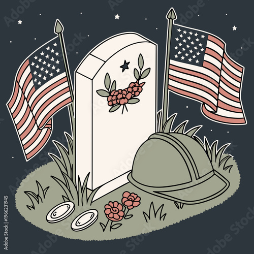 Memorial Day tribute featuring gravestone, American flags, flowers, military cap and dog tags in flat graphic style on dark starry background. Concept .