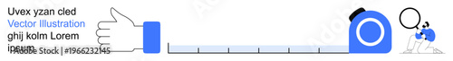 Data analysis, evaluation, progress tracking, quality control, precision, decision-making. Thumbs-up hand extending into a measuring tape, person examining. Data analysis and evaluation illustration