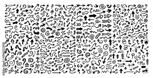 Hand drawn arrows and pointers collection, sketch arrow set with scribbles and swirls, doodle design elements vector