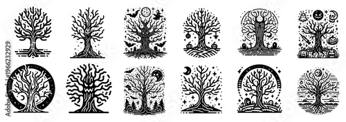 Spooky Halloween tree collection, haunted dead trees with faces and moon, linocut style forest silhouettes vector