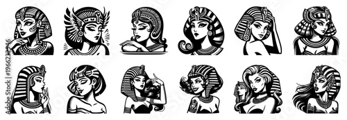 Egyptian queen Cleopatra portraits set, ancient Egypt goddess character collection, pharaoh woman head silhouettes vector