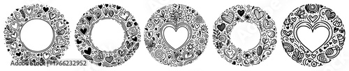 Decorative heart and circle frames set, romantic floral doodle wreath collection, love and valentine ornament vector