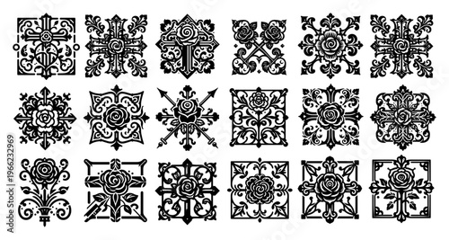 Vintage rose cross ornaments collection, gothic heraldic floral tiles set, decorative victorian emblem vector illustration