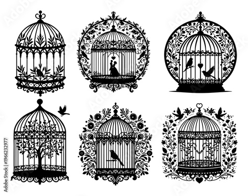 Ornate birdcage silhouettes collection, decorative vintage cages with birds and floral ornaments, wedding and garden design elements vector