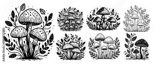 Forest mushroom collection with botanical leaves, hand drawn fungus and plants set, linocut folk art mushroom vector
