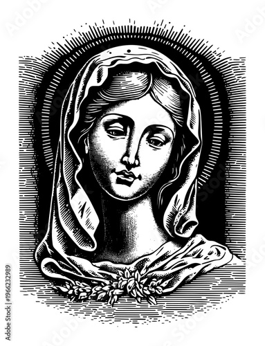 Virgin Mary portrait engraving, holy mother religious illustration, vintage christian spiritual woodcut style vector art