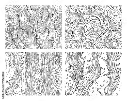 Abstract intricate wavy line textures set, decorative liquid flow and swirl patterns, detailed hand drawn organic background vector