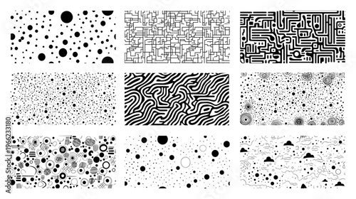 Abstract geometric patterns and textures set, minimalist dot and line backgrounds collection, organic graphic elements vector
