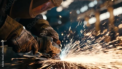 Welding sparks fly in industrial setting.